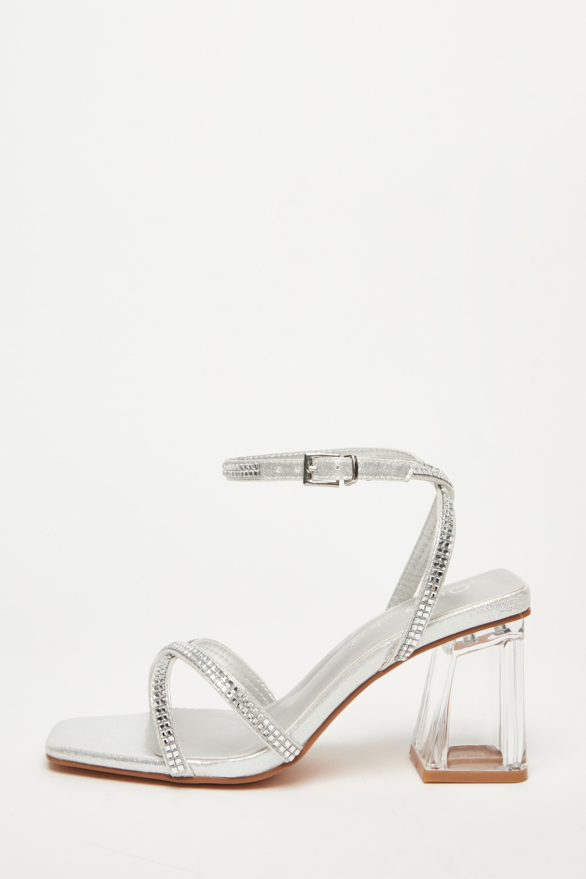 Quiz Silver Wide Fit Diamante Heels image 3