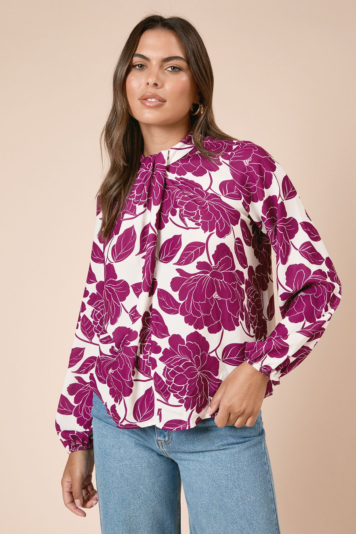 Dorothy Perkins Large Floral Twist Neck Blouse Ivory image 2