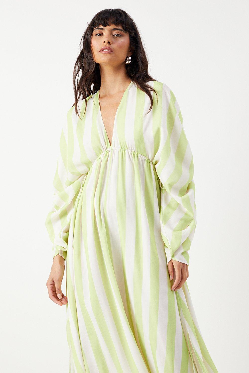 Warehouse Stripe Chiffon Pleat Plunge Neck Batwing Midaxi Dress Lime image 2