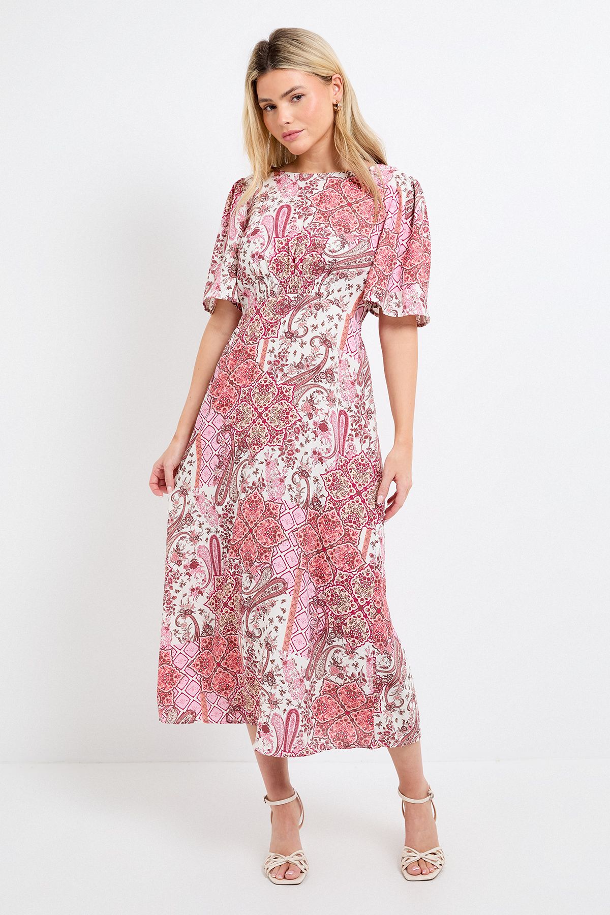 Dorothy Perkins Paisley Flutter Sleeve Shirred Waist Midi Dress Pink
