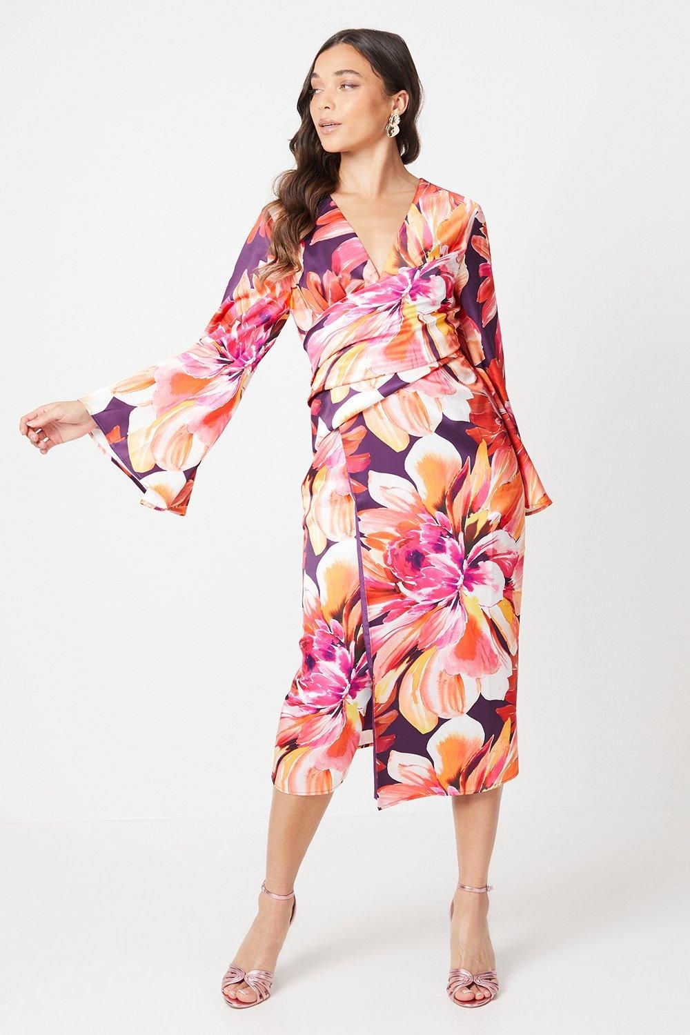 Coast Petite Printed Satin Wrap Dress With Flare Sleeve Pink image 1