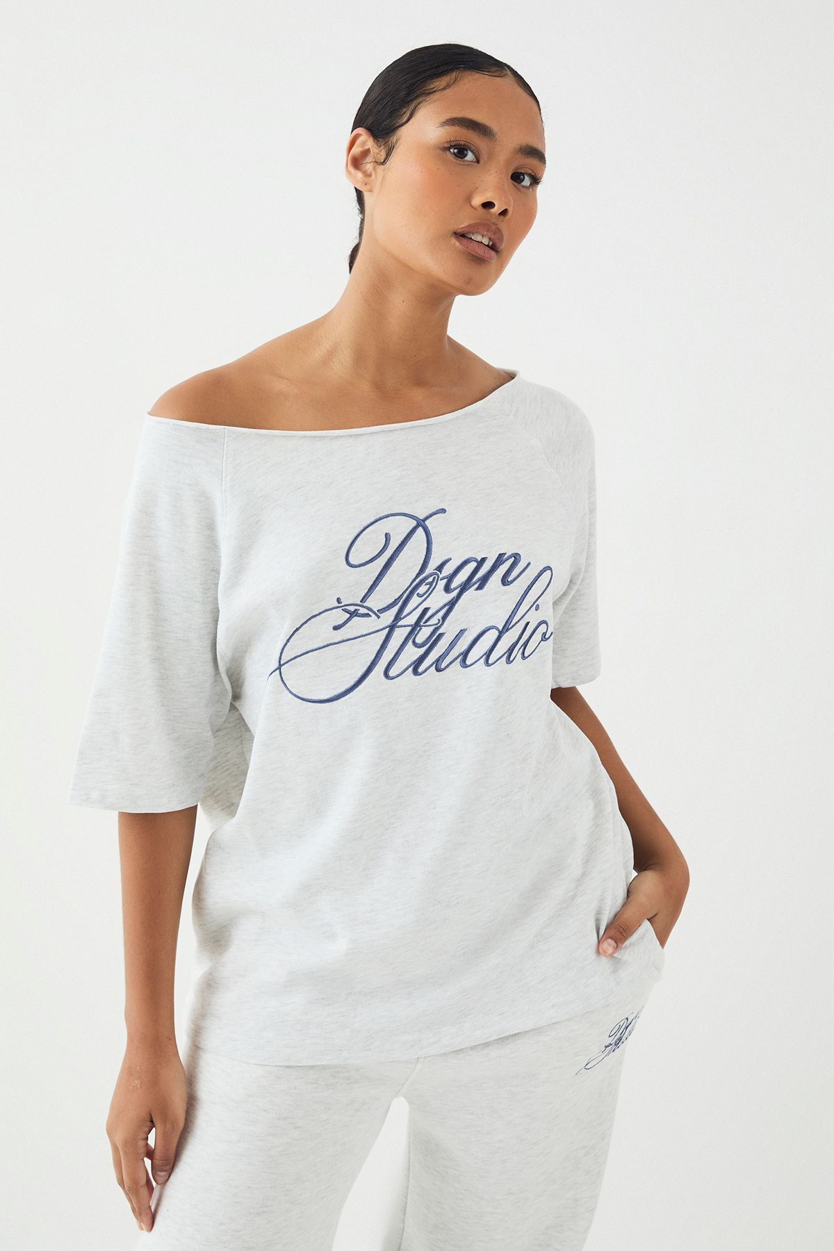 DSGN Studio DSGN Studio Script Embroidered Off The Shoulder T-Shirt Ash Grey image 3