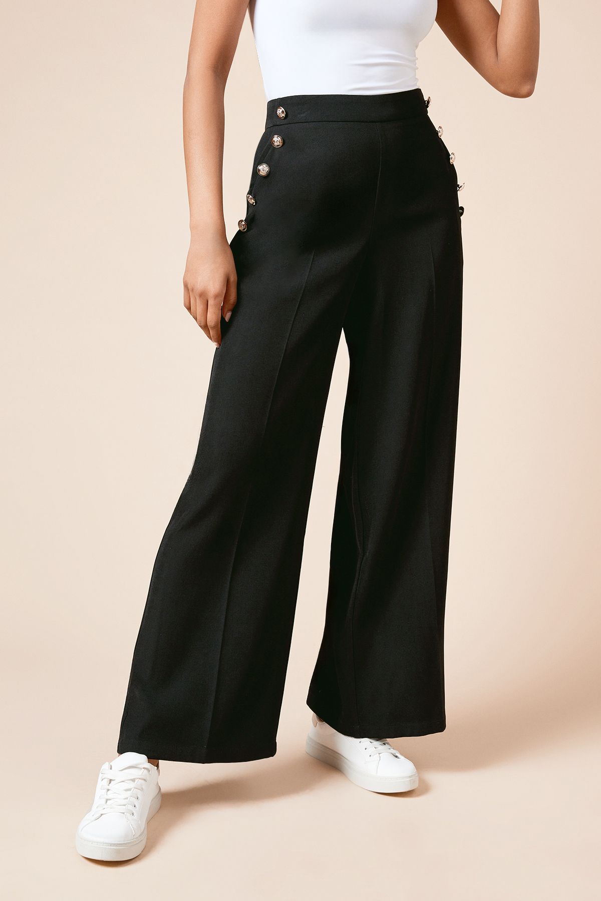 Dorothy Perkins Petite Military Button Detail Wide Leg Trouser Black