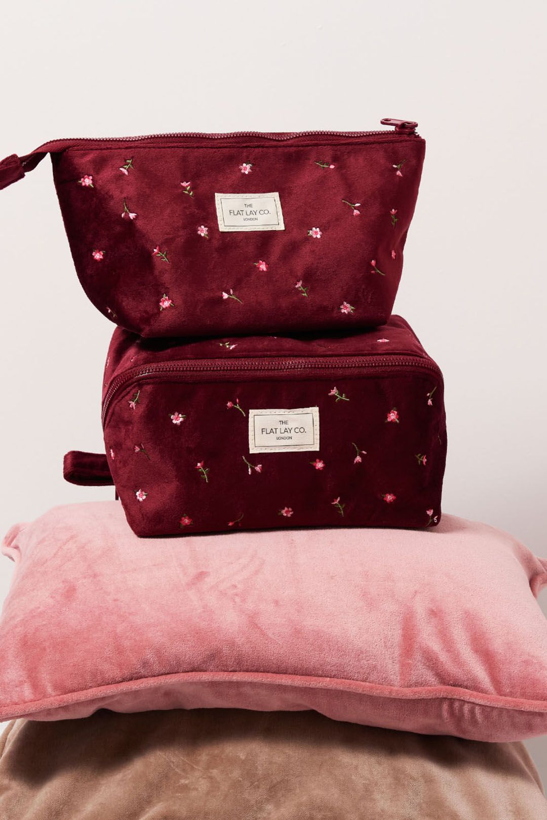 The Flat Lay Co Essential Makeup Pouch - Ditsy Roses & Flowers Burgundy Embroidered Velvet Multi image 8