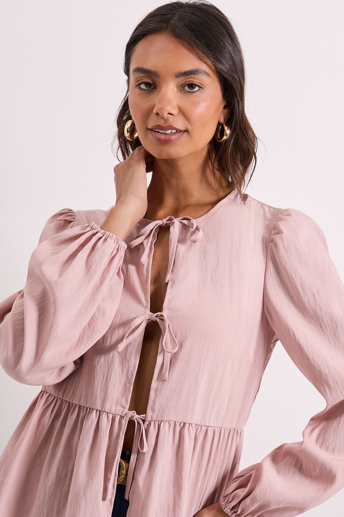 Dorothy Perkins Tie Front Long Sleeve Blouse Dusky Pink image 4