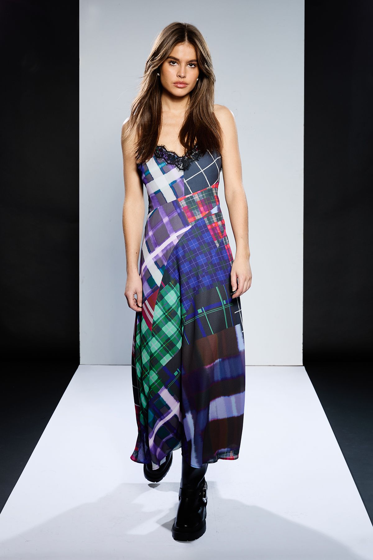 RUNWAY 1.8.1.8 Runway 1.8.1.8 Strappy Lace Detail Check Midi Slip Dress Multi