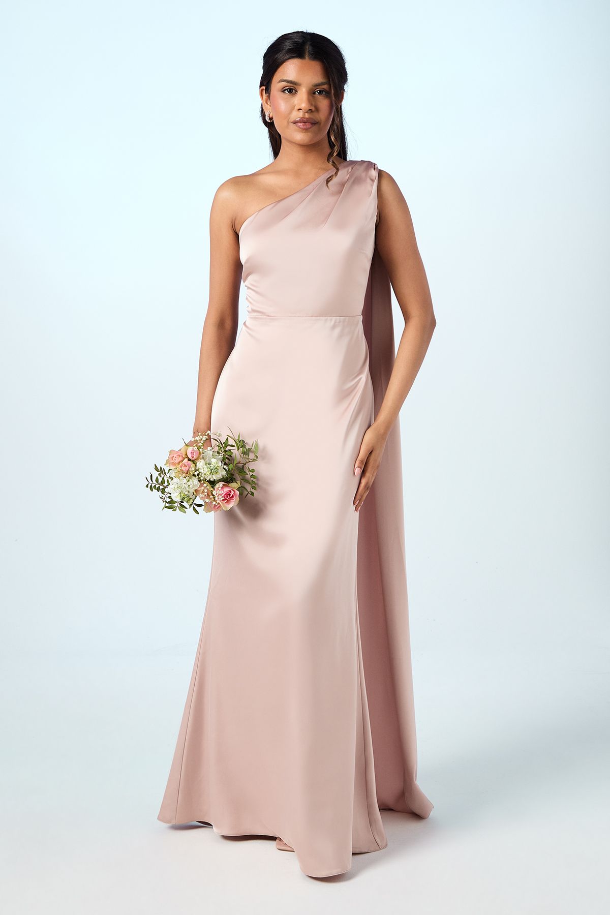Coast Coast Honoured Petite Drape One Shoulder Satin Maxi Bridesmaid Dress Mocha image 1