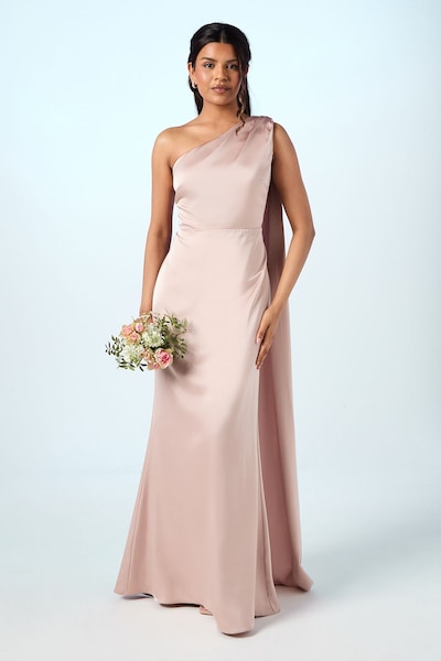 Coast Coast Honoured Petite Drape One Shoulder Satin Maxi Bridesmaid Dress Mocha