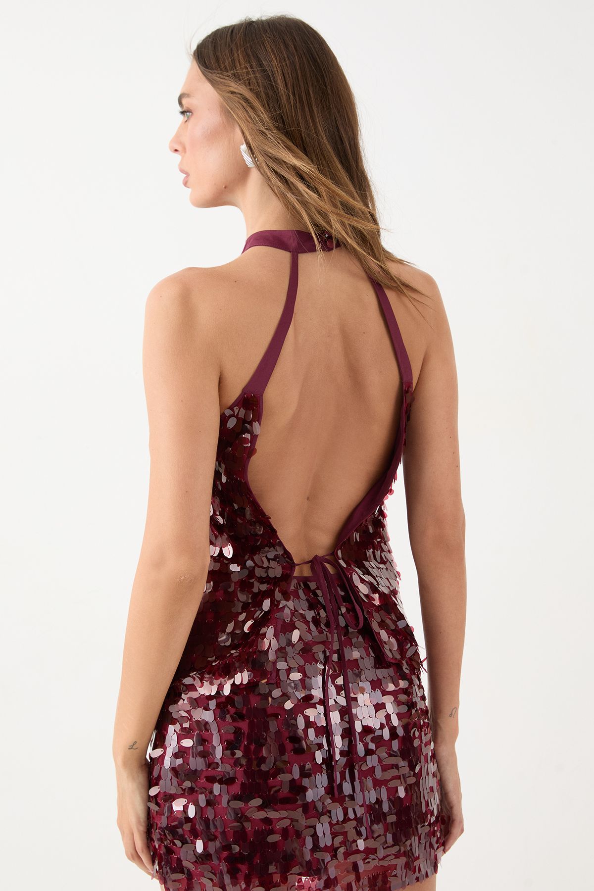 MissPap Dense Teardrop Sequin Halter Neck Top Wine image 3