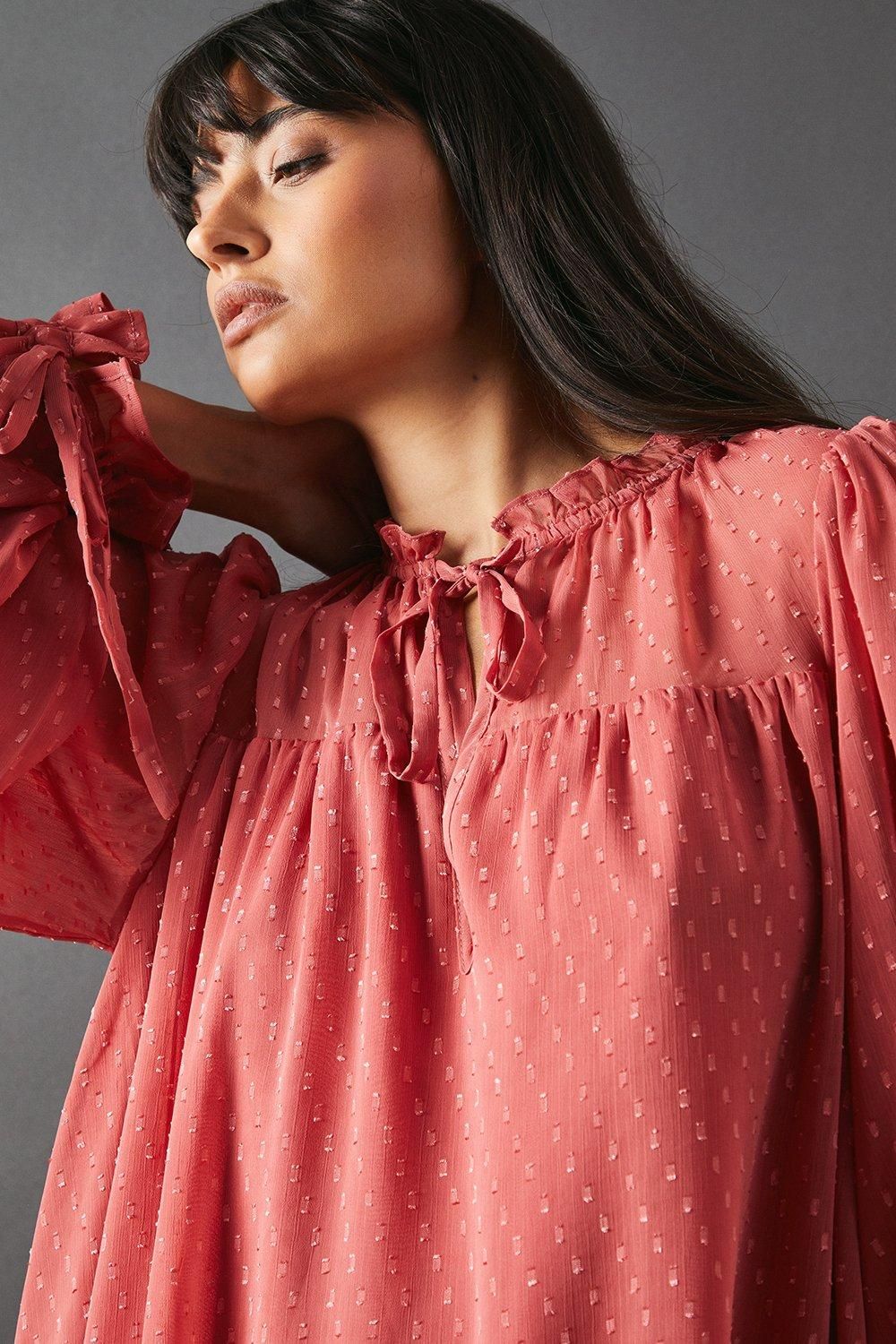 Warehouse Dobby Chiffon Tie Neck Drop Hem Mini Smock Dress Rose image 4