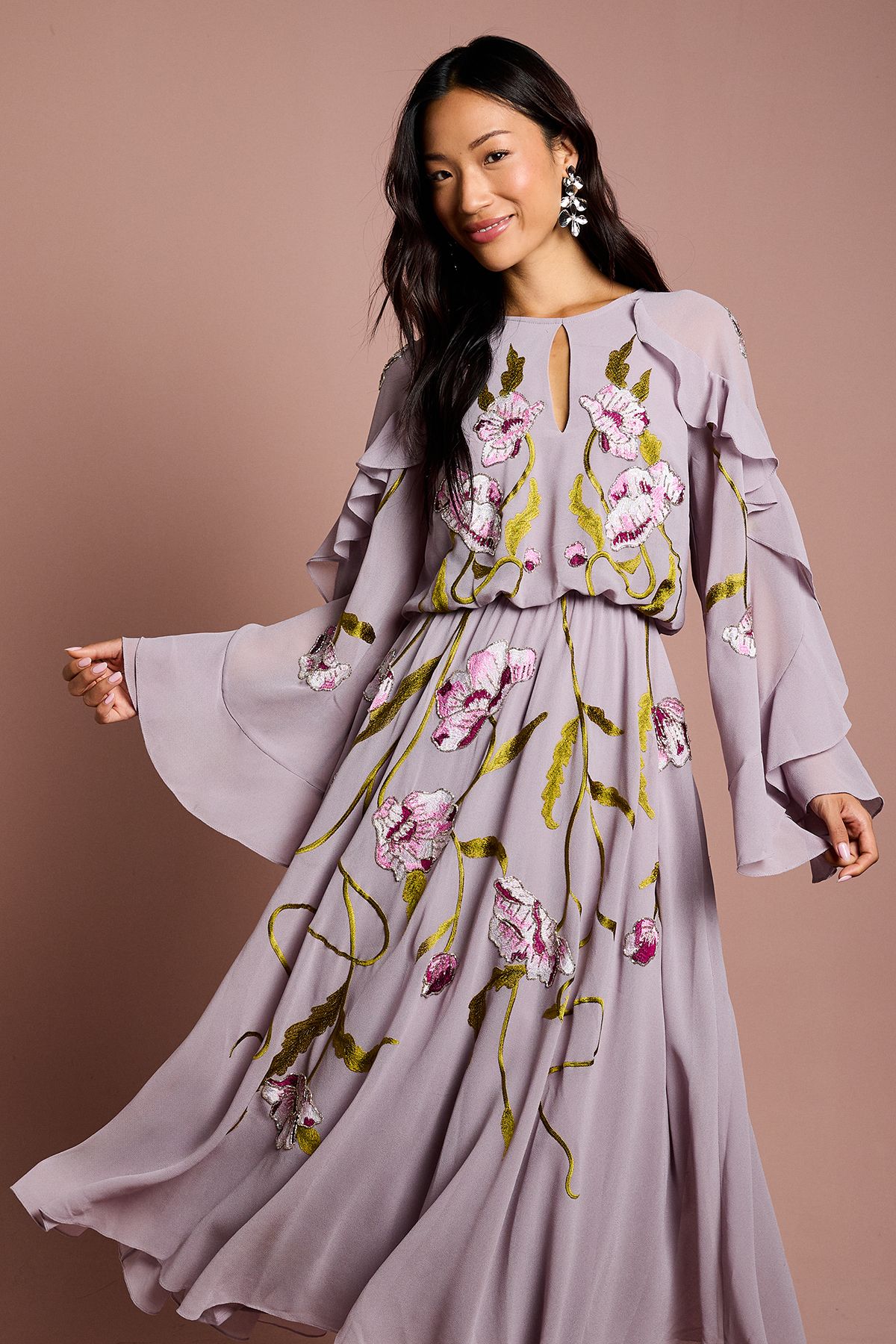 Coast Embroidered Tiered Chiffon Midi Dress Mauve image 2