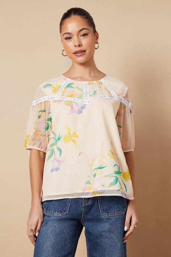 Oasis Floral Hand Embellished Trim scoop Neck Half Sleeve Blouse Multi
