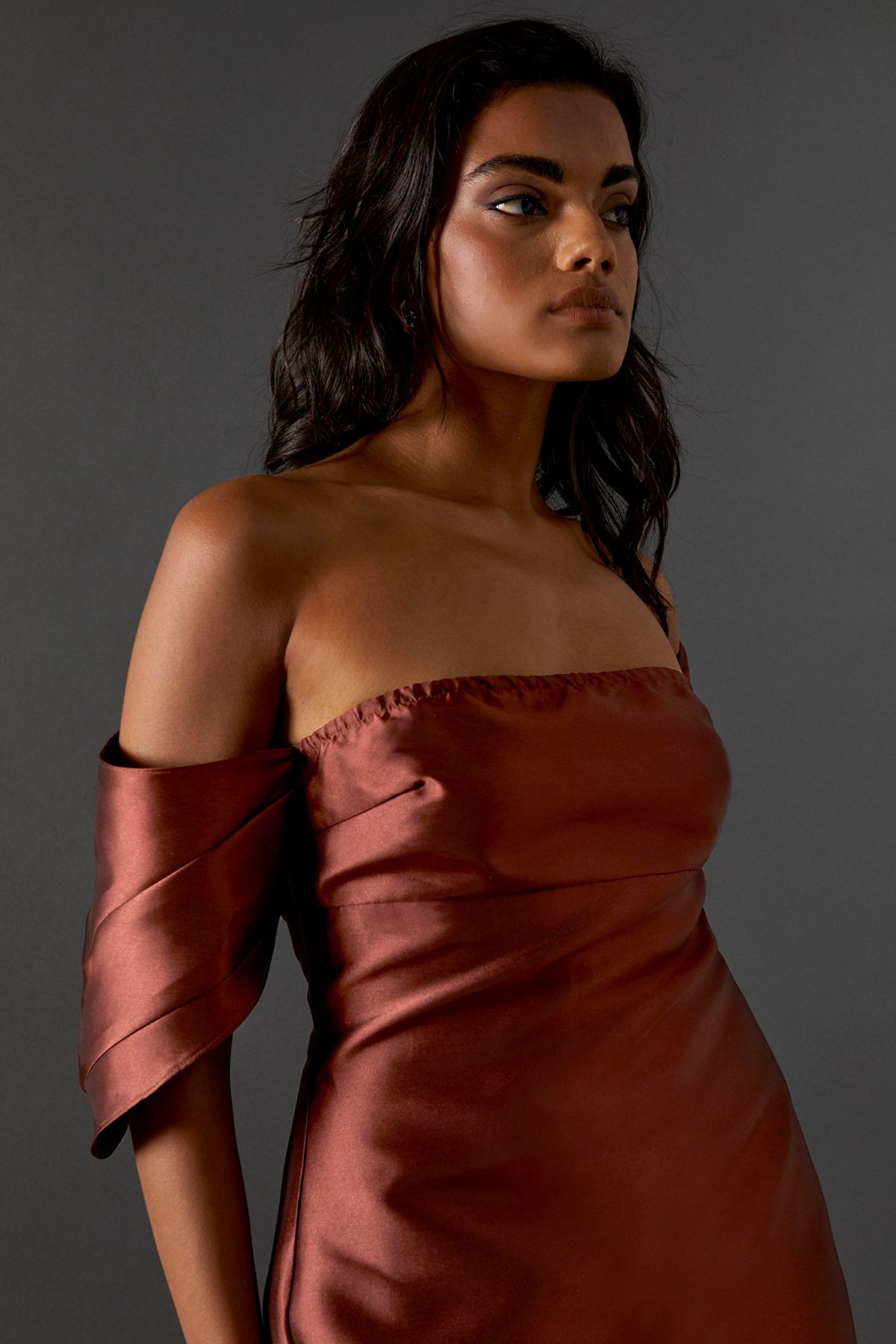 Warehouse Structured Puff Sleeve Bardot Midi Dress Chocolate image 4