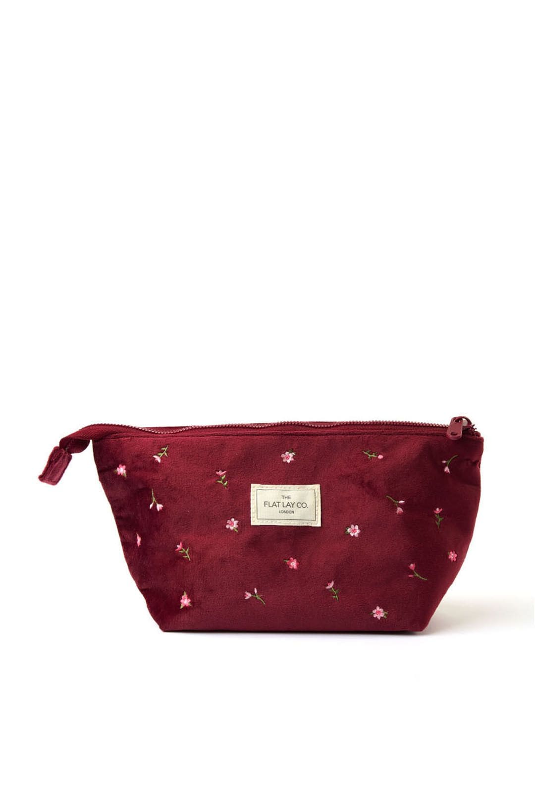 The Flat Lay Co Essential Makeup Pouch - Ditsy Roses & Flowers Burgundy Embroidered Velvet Multi image 1