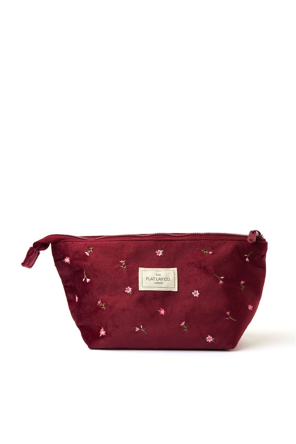 The Flat Lay Co Essential Makeup Pouch - Ditsy Roses & Flowers Burgundy Embroidered Velvet Multi