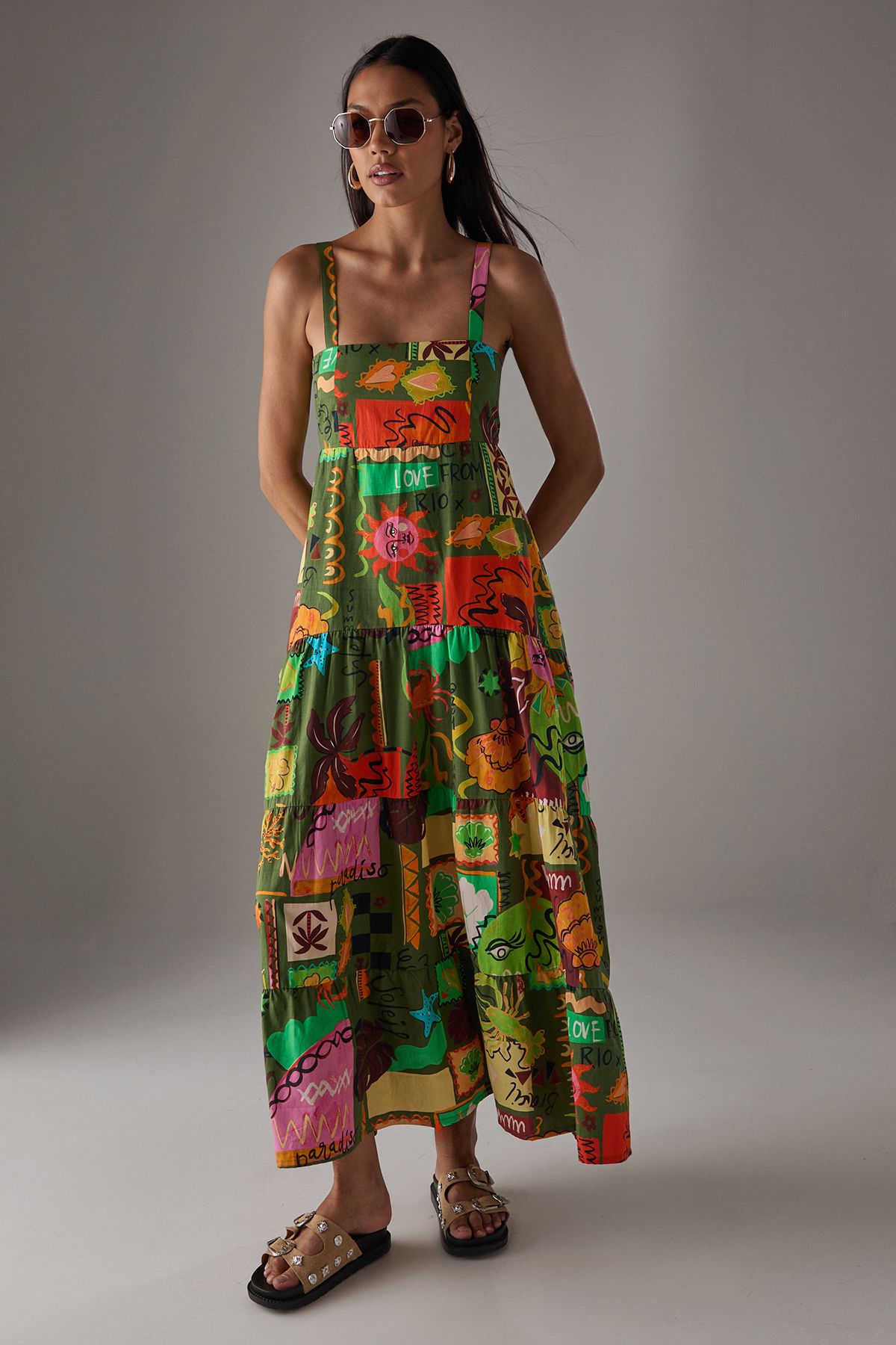 Warehouse HCD Cotton Strappy Tie Back Tier Midi Sundress Multi image 2