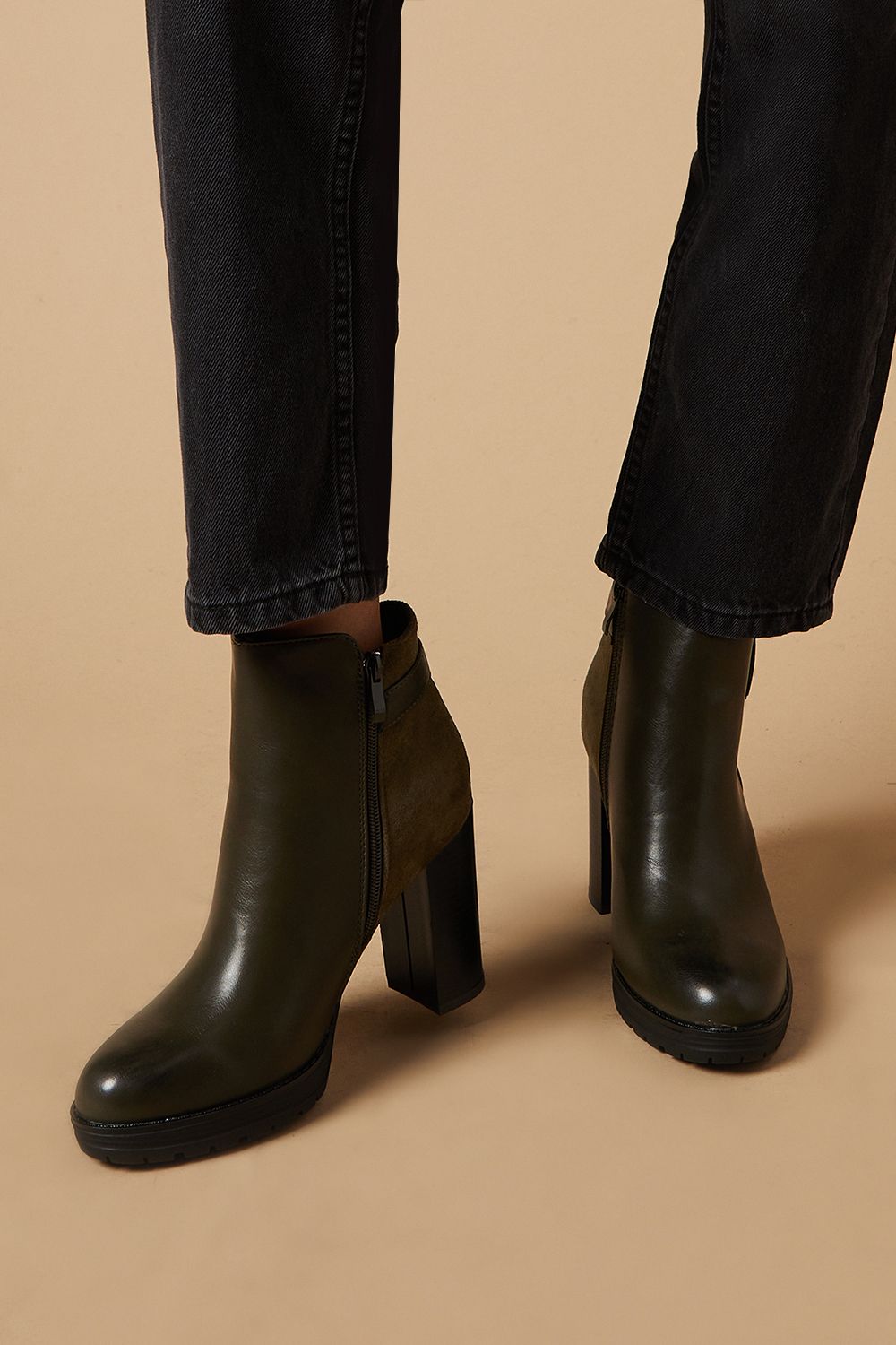 Oasis Mika Buckle Detail Side Zip High Block Heel Platform Ankle Boot Khaki image 3