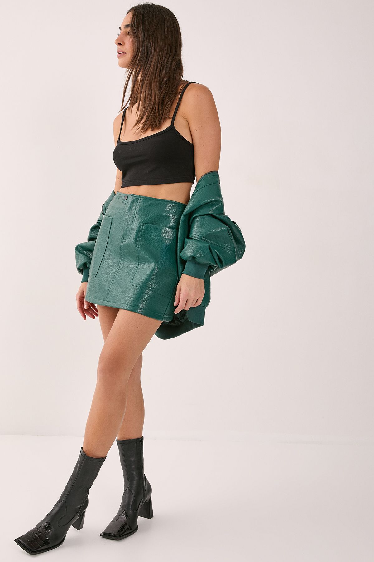 NastyGal Textured Faux Leather Pocket Detail Mini Skirt Forest image 3
