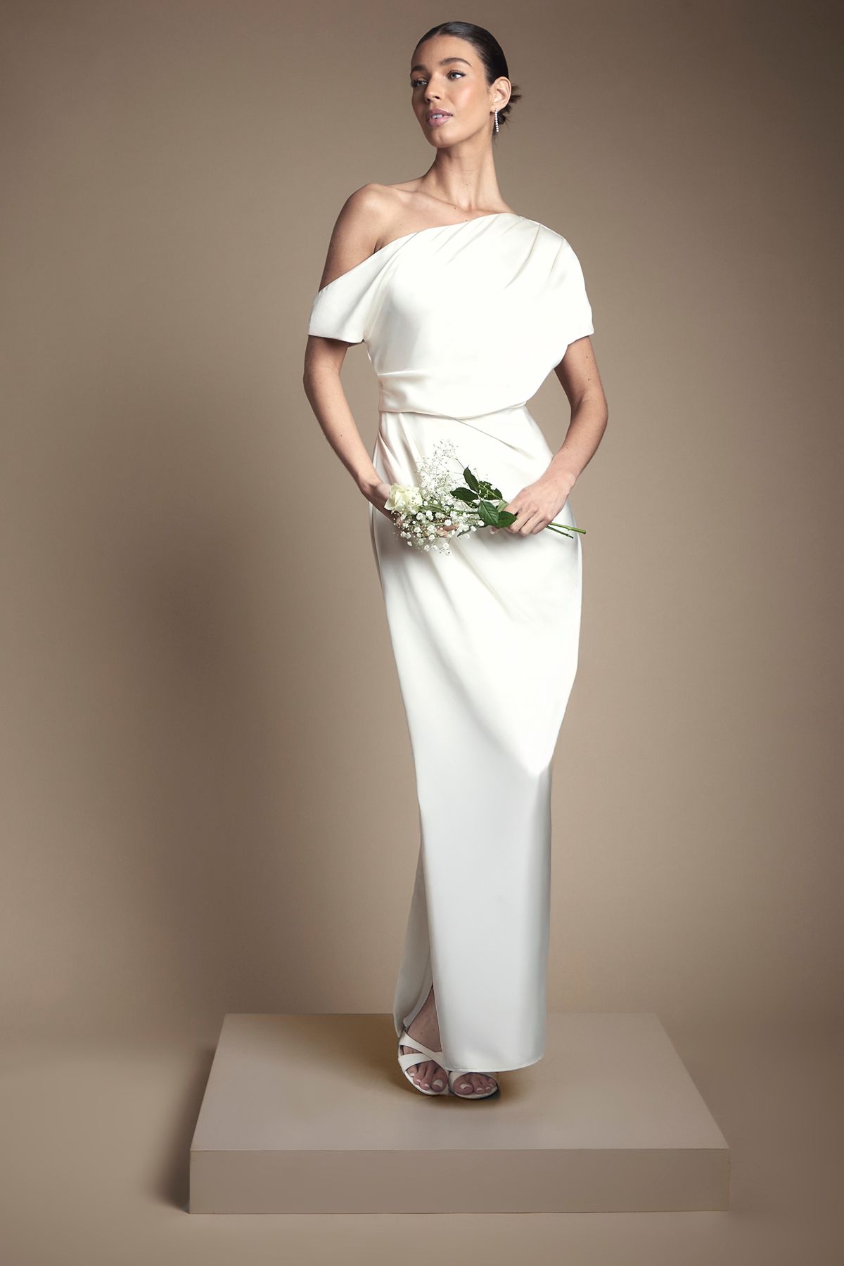 Coast Satin Ruched Detail Off The Shoulder Maxi Wedding Dress Ivory