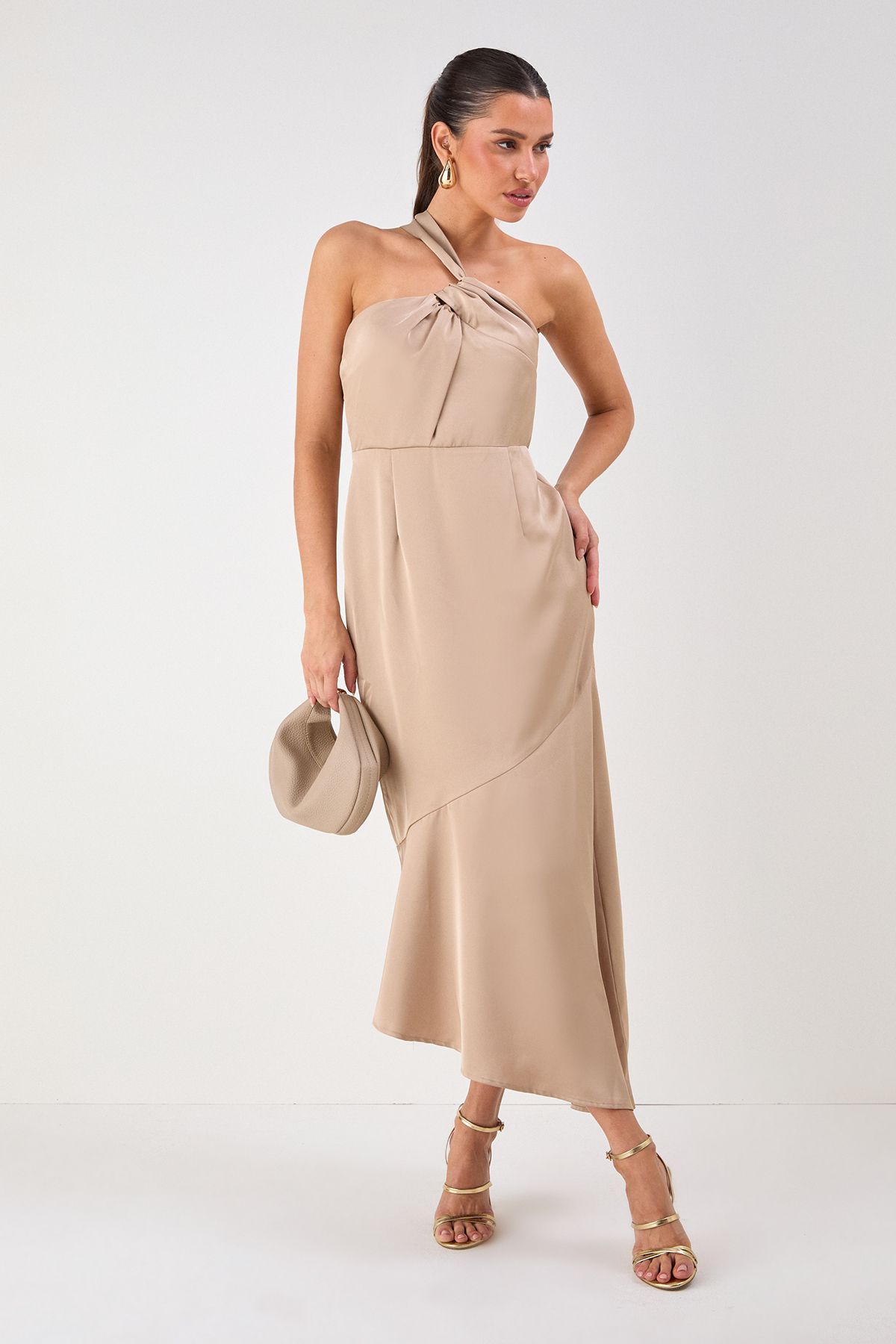 MissPap Satin One Shoulder Asymmetric Maxi Dress Champagne