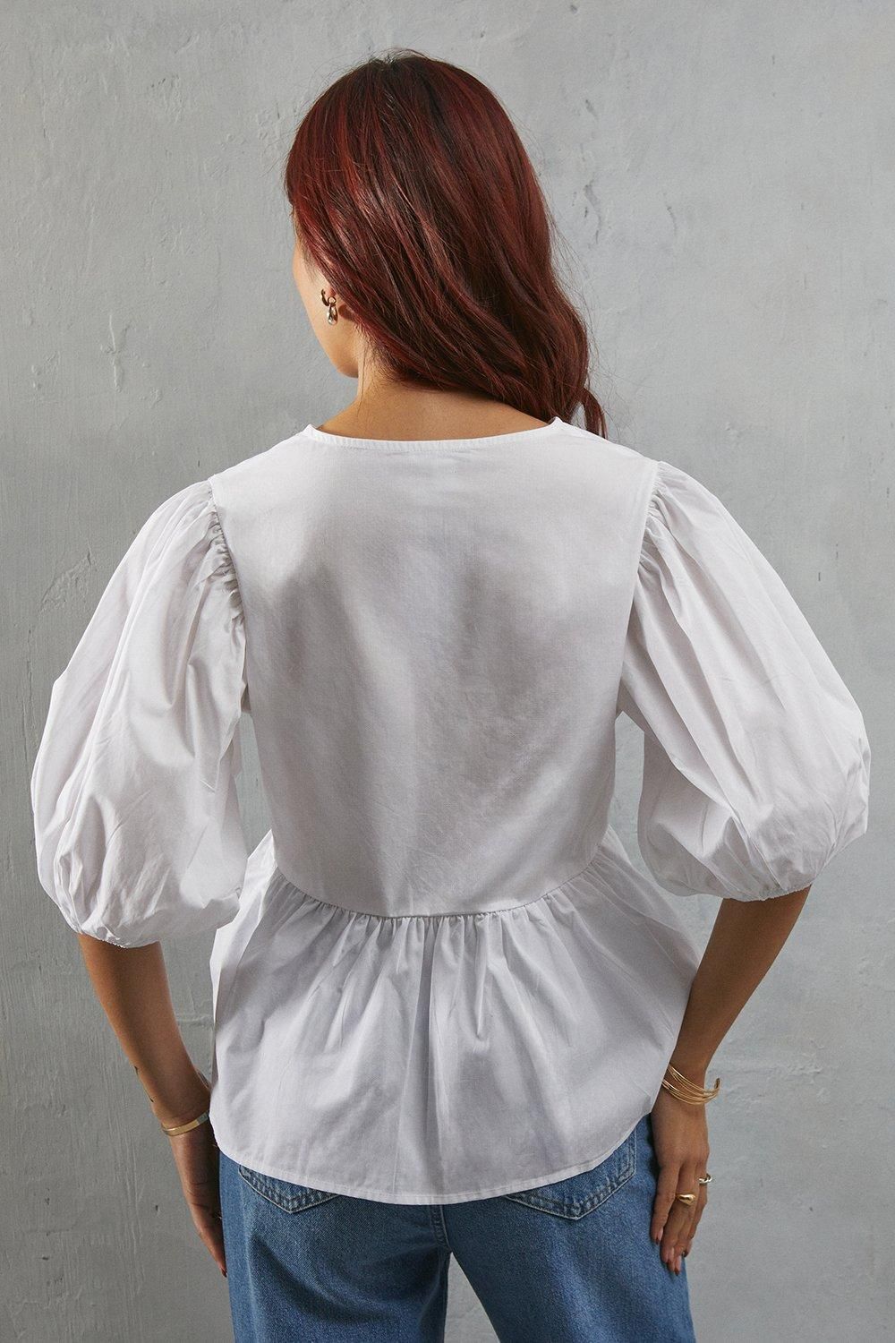 Warehouse Poplin Tie Front Volume Sleeve Blouse White image 3