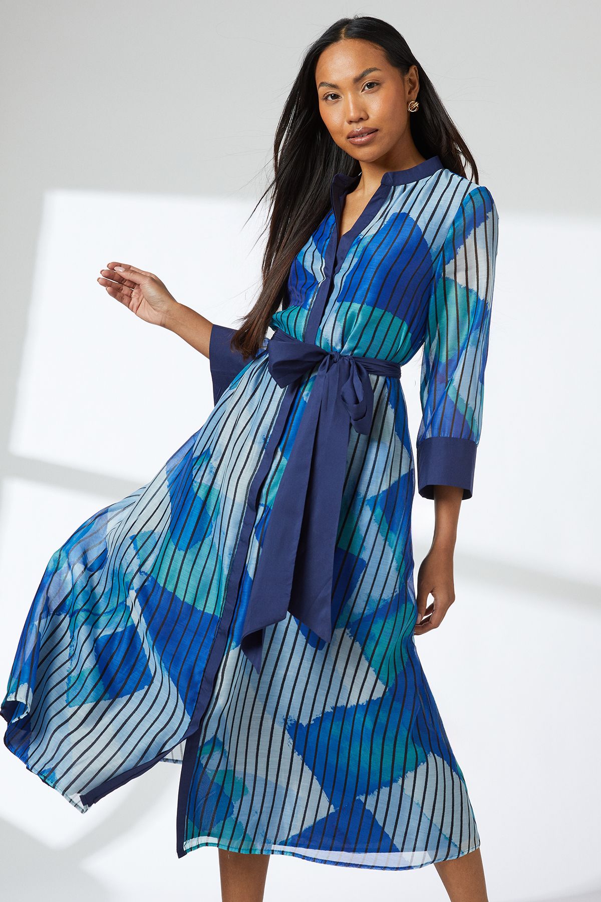 Principles Geo Stripe Organza Contrast Shirt Dress Blue image 2