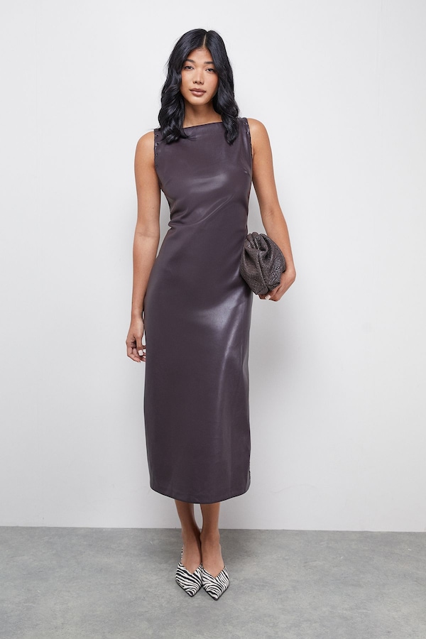 Warehouse Faux Leather Whipstitch Detail Sleeveless Midi Dress Oxblood