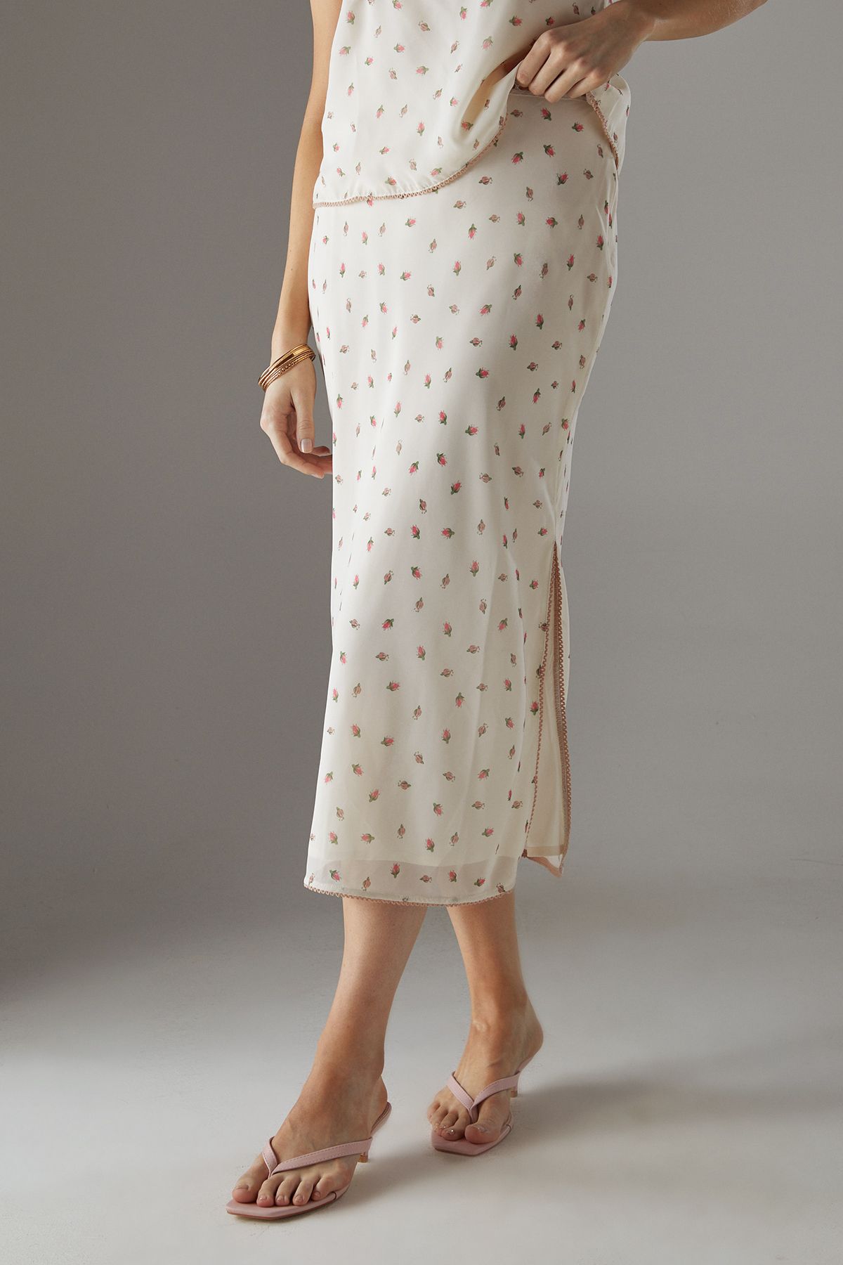 Warehouse Georgette Lace Trim Bias Midi Skirt Floral image 2