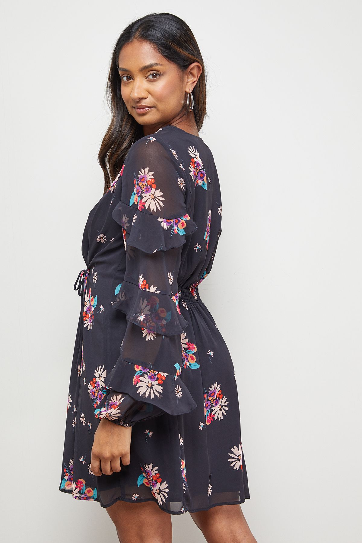 Oasis Printed Lace Detail Frill Sleeve Mini Dress Multi image 3