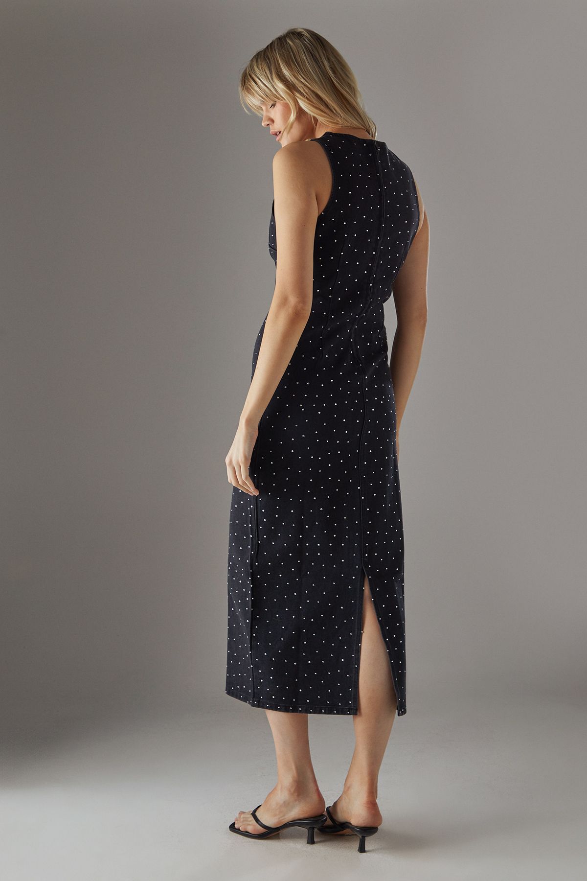 Warehouse Denim All Over Hot Fix Sleeveless Fitted Midi Dress Washed Black image 4