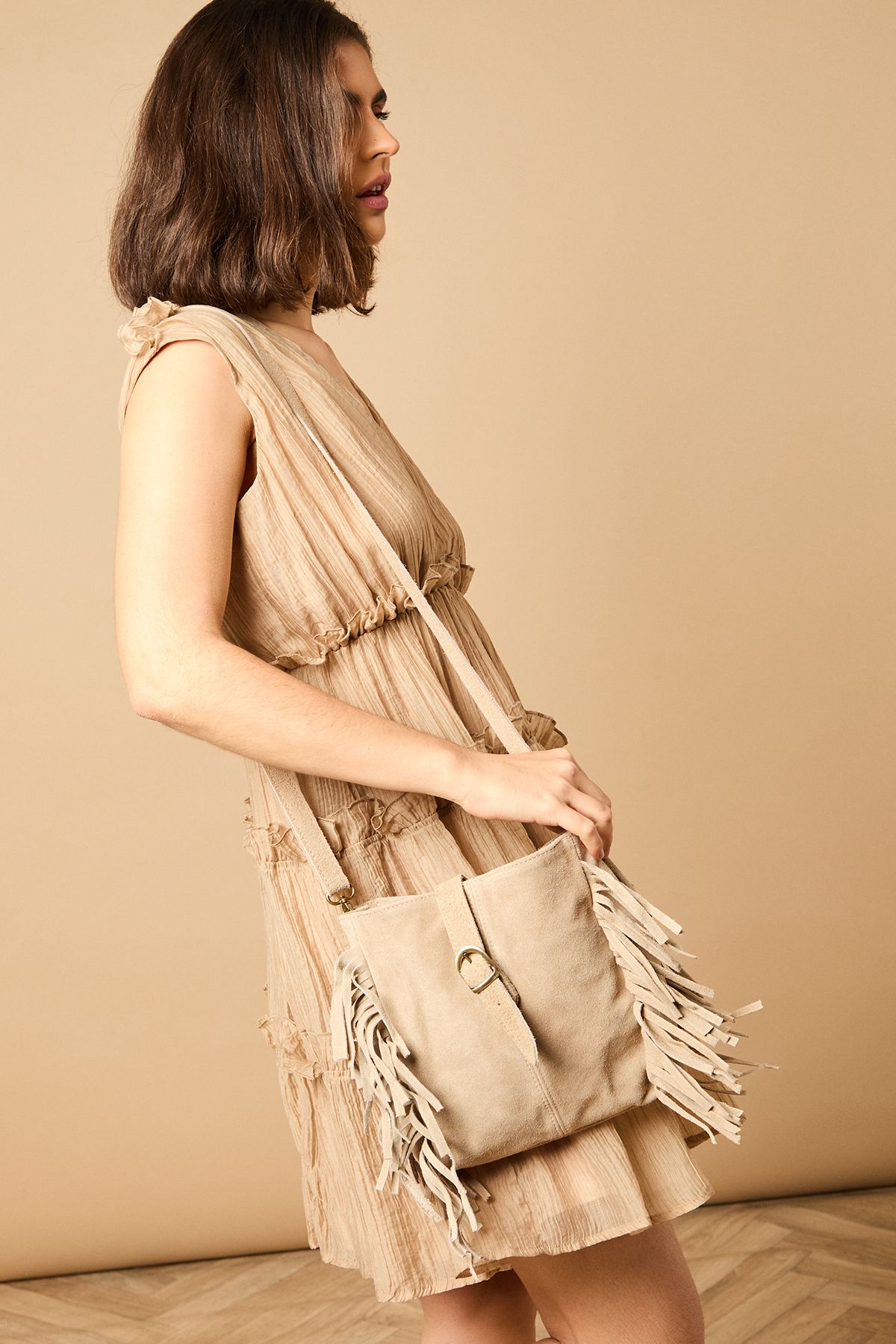 Oasis Orithya Suede Tassel Detail Shoulder Bag Beige image 1