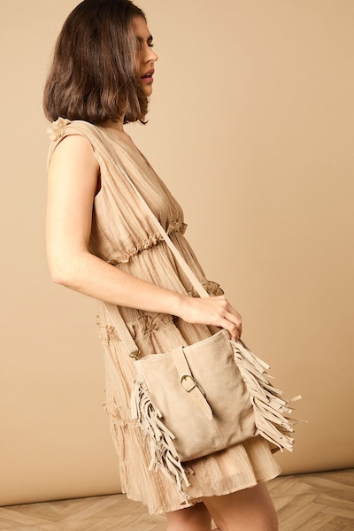 Oasis Orithya Suede Tassel Detail Shoulder Bag Beige