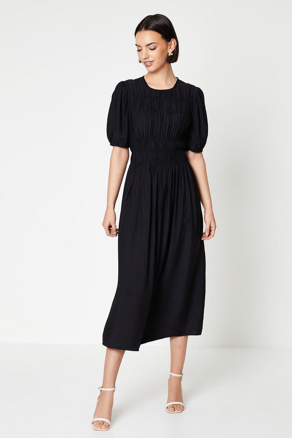 Oasis Shirred Bodice Puff Sleeve Midi Dress Black image 1