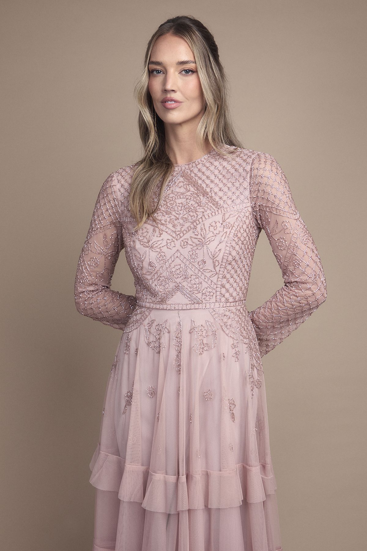 Coast Embellished Artwork Long Sleeve Tiered Bridesmaid Maxi Dress Dusty Rose image 2