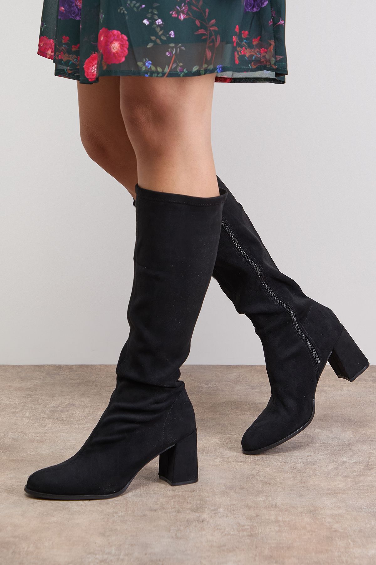 Oasis Rylee Faux Suede High Block Heel Sock Knee Boots Natural Black image 1