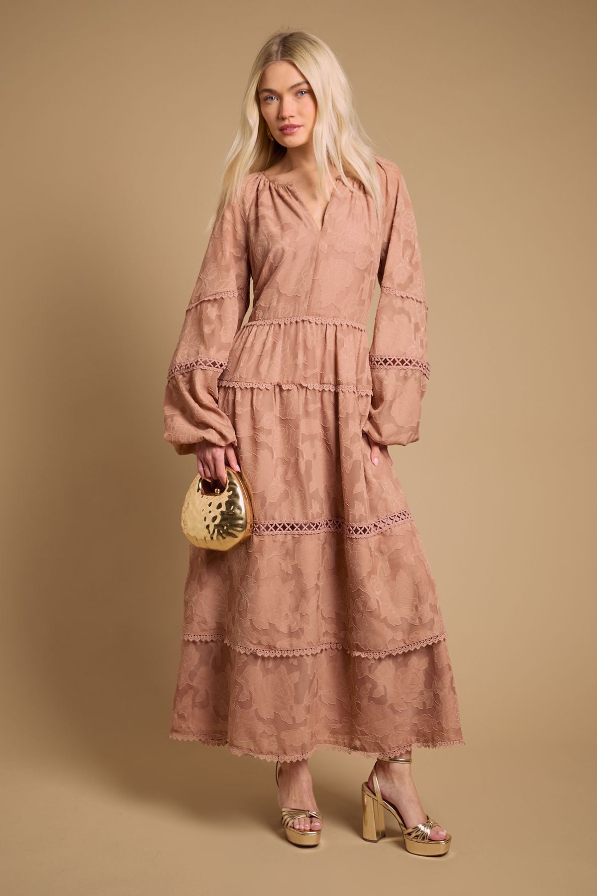 Oasis Lace Detail Smock Maxi Dress Ochre