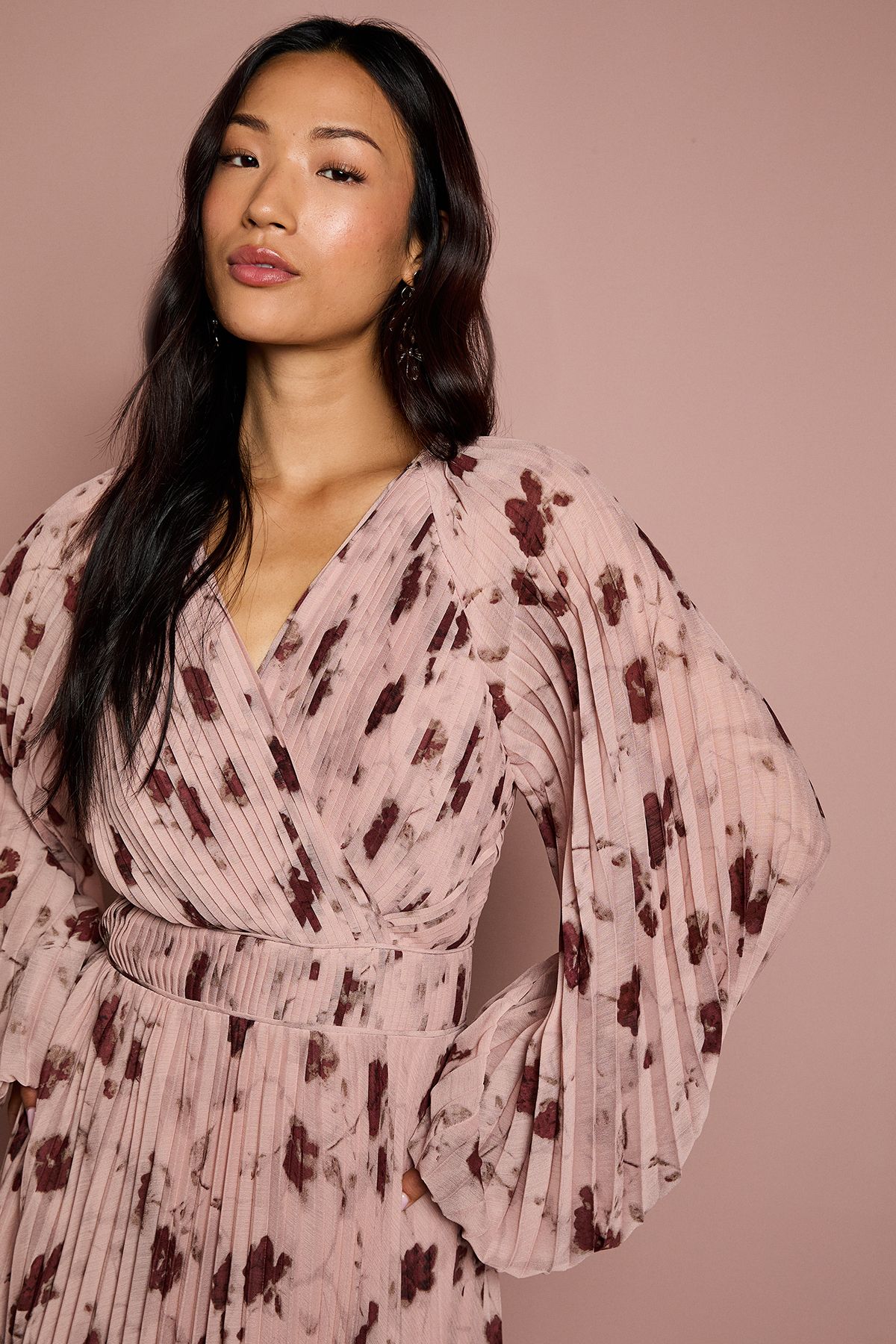 Coast Long Sleeve Chiffon Pleated Wrap Midi Dress Blush image 4