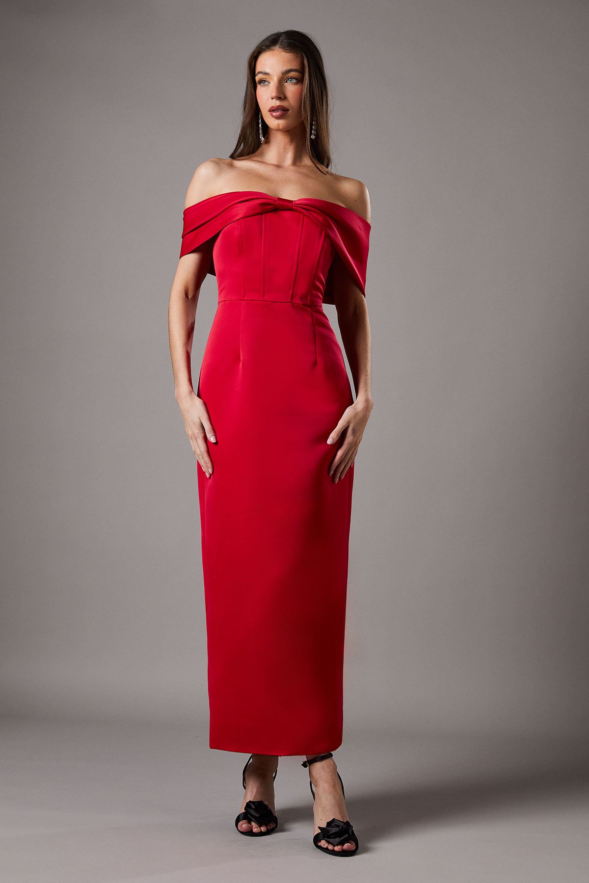 Coast Structured Satin Bardot Bow Column Maxi Bridesmaid Dress Red image 1