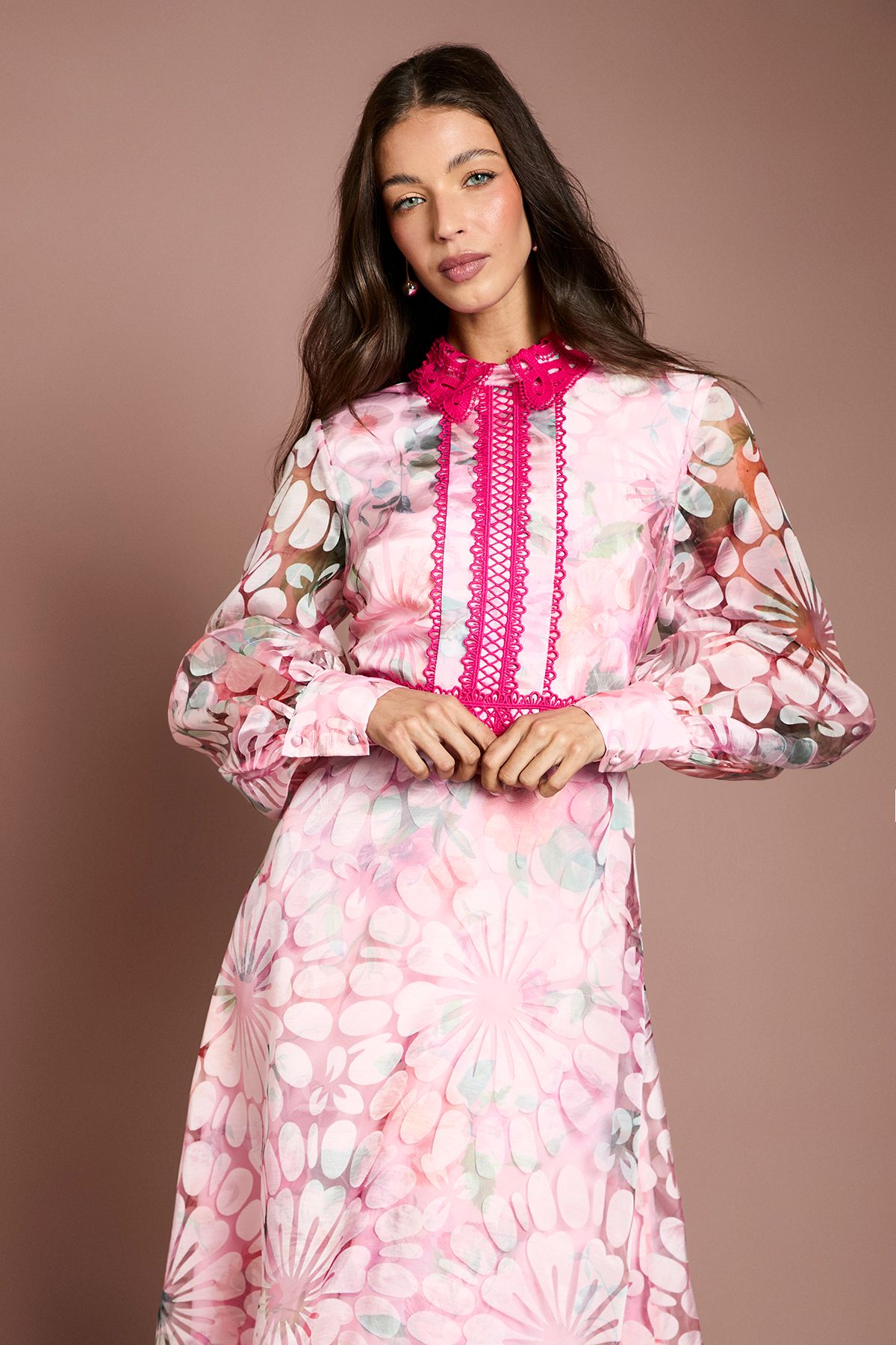 Coast Printed Organza Contrast Collar Lace Trim Midi Dress Pink image 2