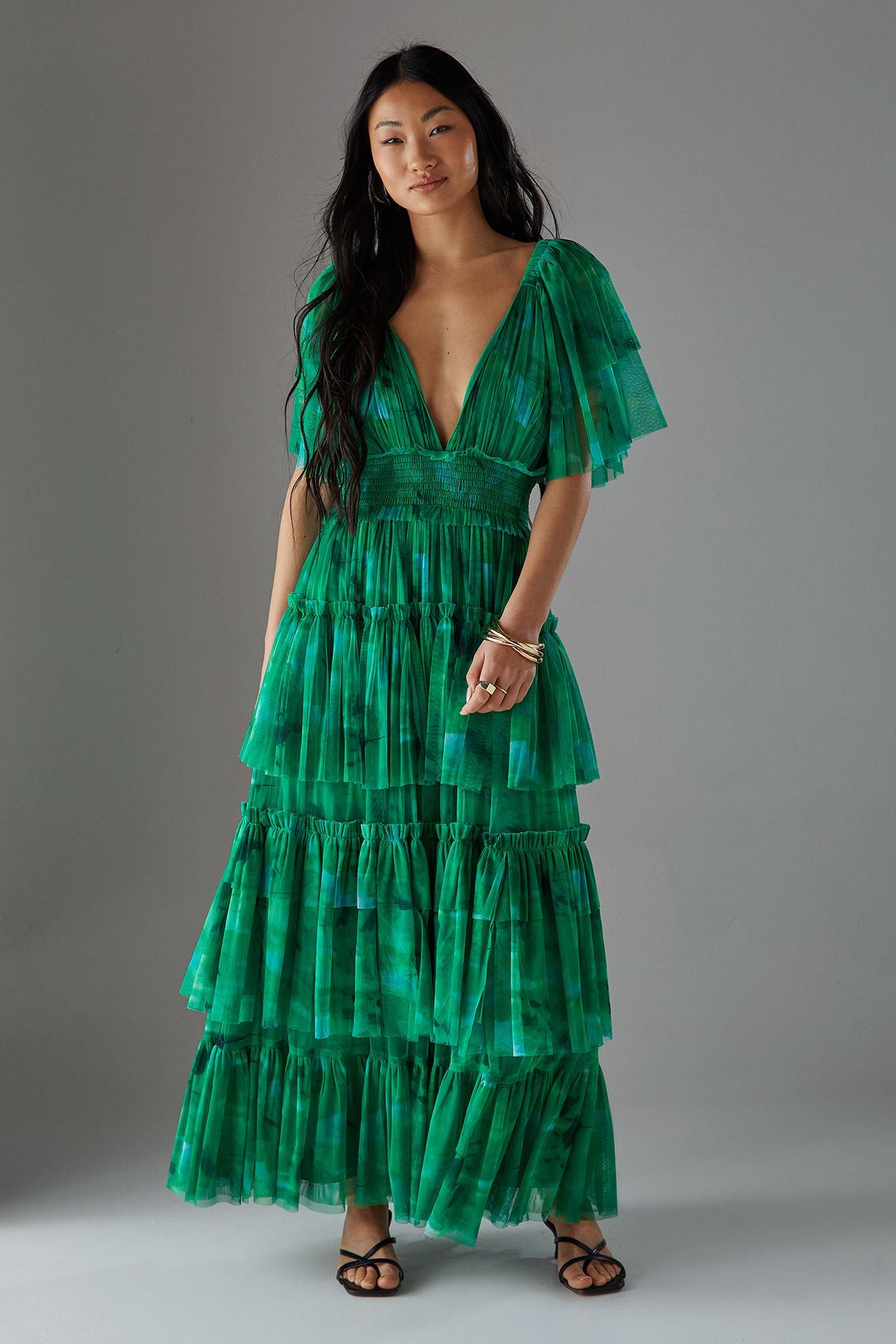 Warehouse Petite Tulle Floral Plunge Neck Flutter Sleeve Tier Maxi Dress Green image 1