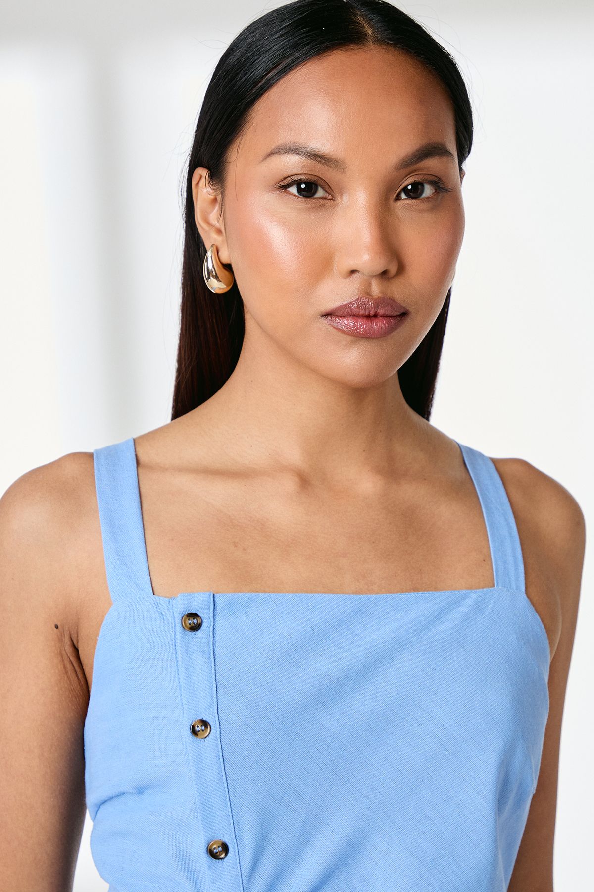 Principles Button Detail Square Neck Linen Blend Midi Dress Blue image 4