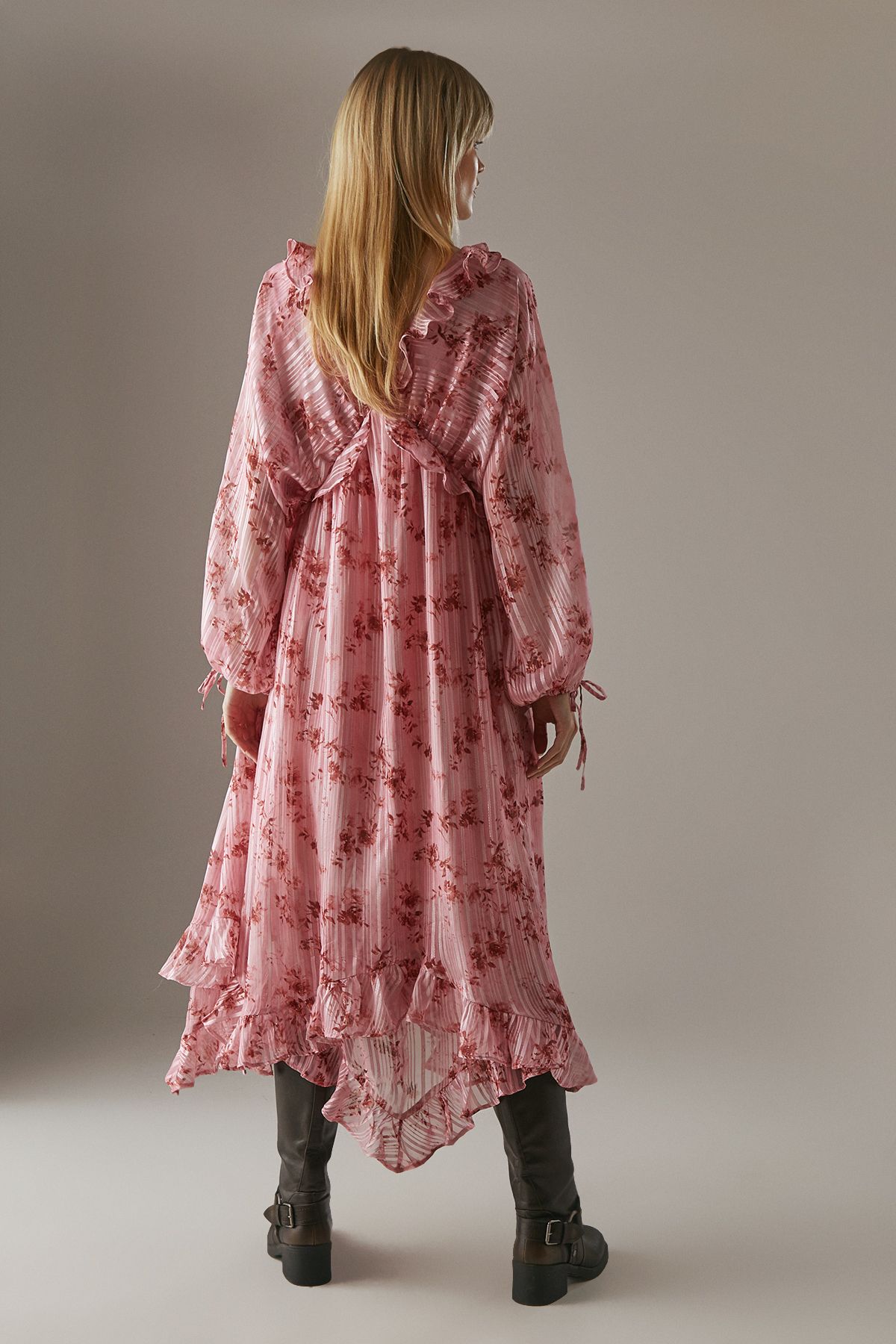 Warehouse Floral Shadow Stripe Volume Sleeve Hanky Hem Midaxi Dress Floral image 3