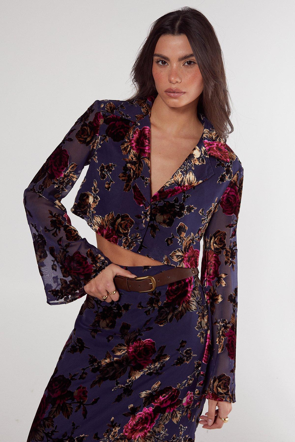 NastyGal Floral Devore Cropped Shirt Blue image 4
