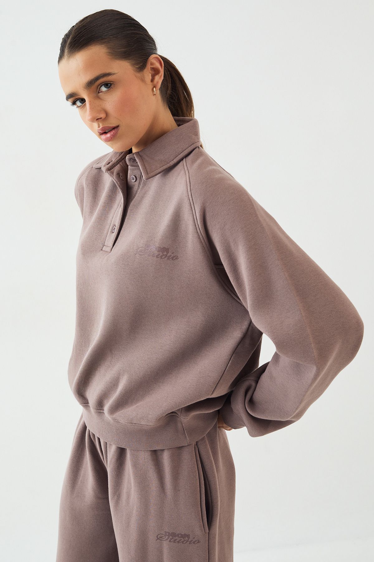 DSGN Studio DSGN Studio Raglan Seam Collared Rugby Sweatshirt Mocha image 3