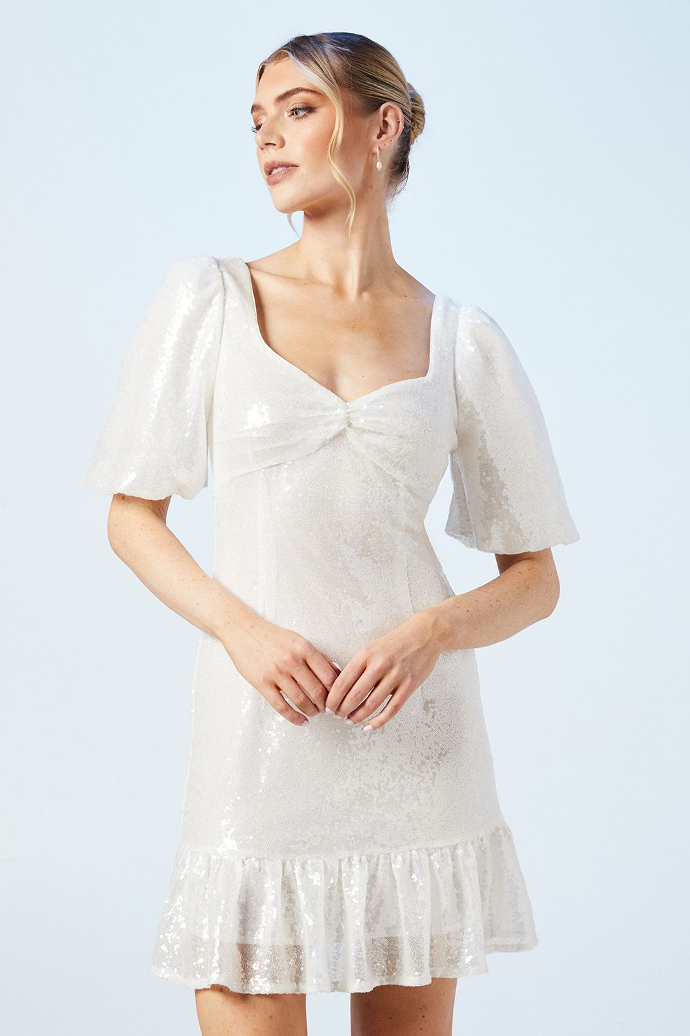 Oasis Sweetheart Puff Sleeve Sequin Bridal Mini Dress Ivory image 1