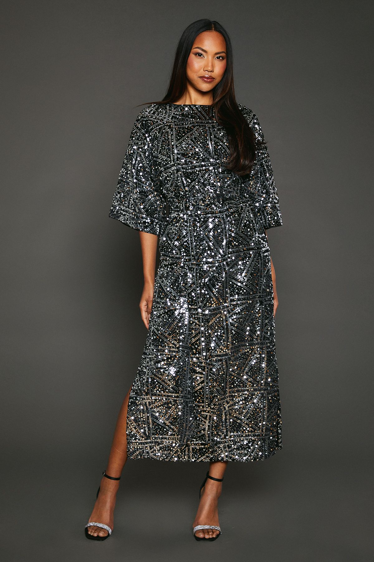 Principles Silver Sequin Detail Belted Batwing Midi Dress Silver image 1