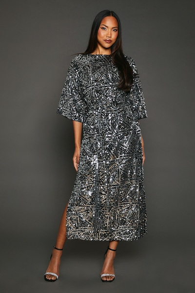 Principles Silver Sequin Detail Belted Batwing Midi Dress Silver