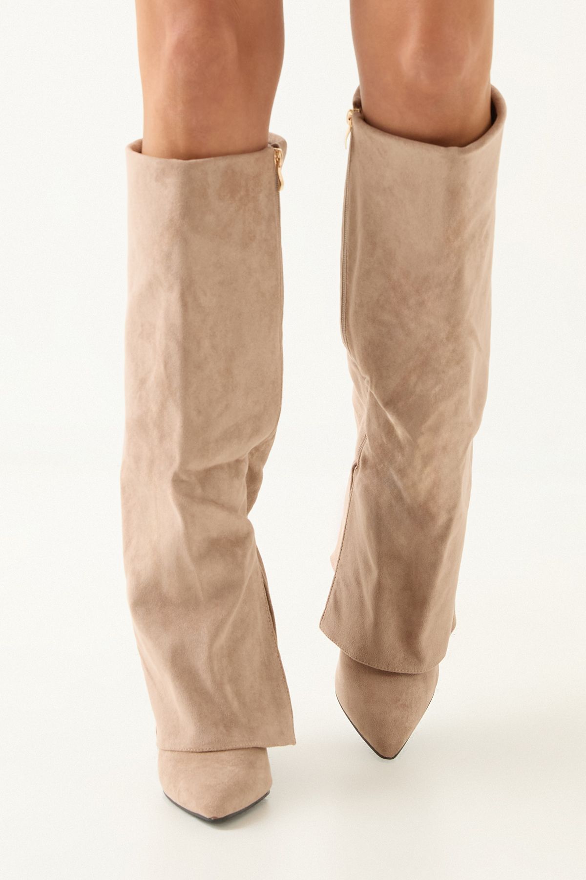 MissPap Faux Leather Sleeve Pointed High Stiletto Heel Knee Boots Beige image 2