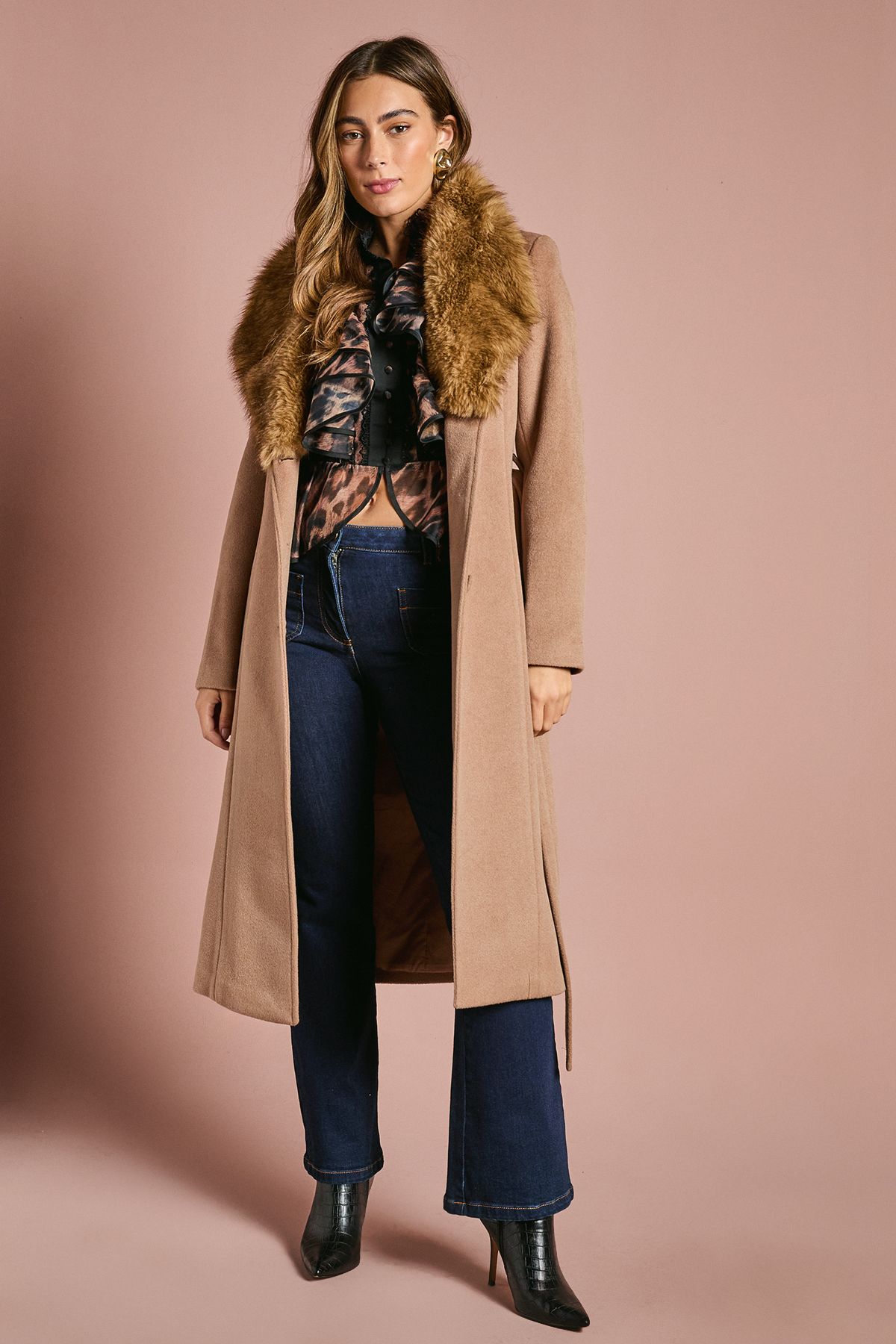 Coast Camel Faux Fur Collar Occasion Belted Midi Coat Camel