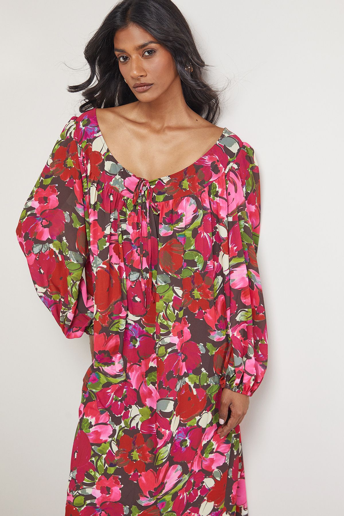 Warehouse Chiffon Tie Front Volume Midi Smock Dress Floral image 2